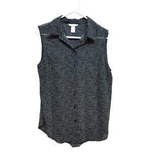 H&M Womens Size 12 Blouse Black White Button Front‎ Curved Hem Collared